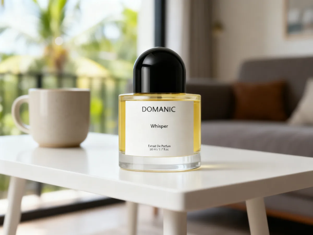 Detail label botol extrait de parfum Domanic Whisper di side table modern