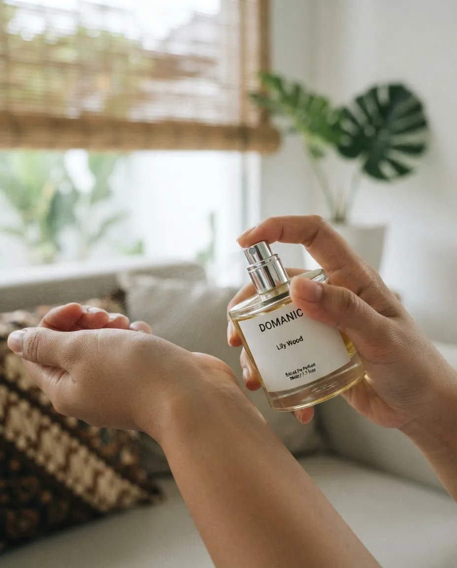 Menyemprotkan extrait de parfum Domanic dengan atomizer chrome ke titik nadi pergelangan tangan