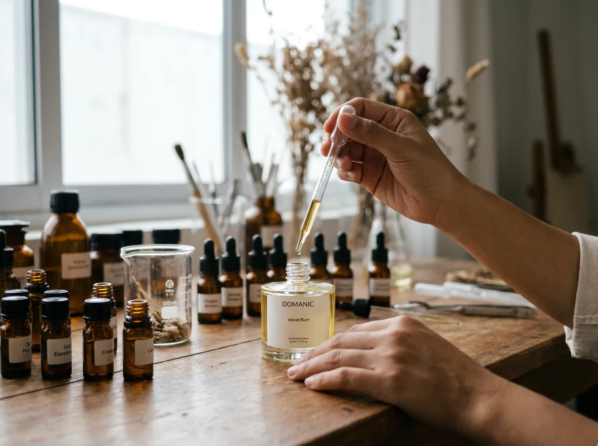 Proses maceration extrait de parfum Domanic, pipet kaca dan vial amber di meja kerja