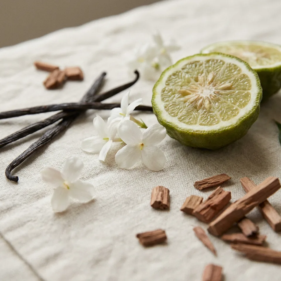 Bahan parfum: bergamot, melati, vanilla pods, dan sandalwood, perjalanan top ke base notes extrait de parfum