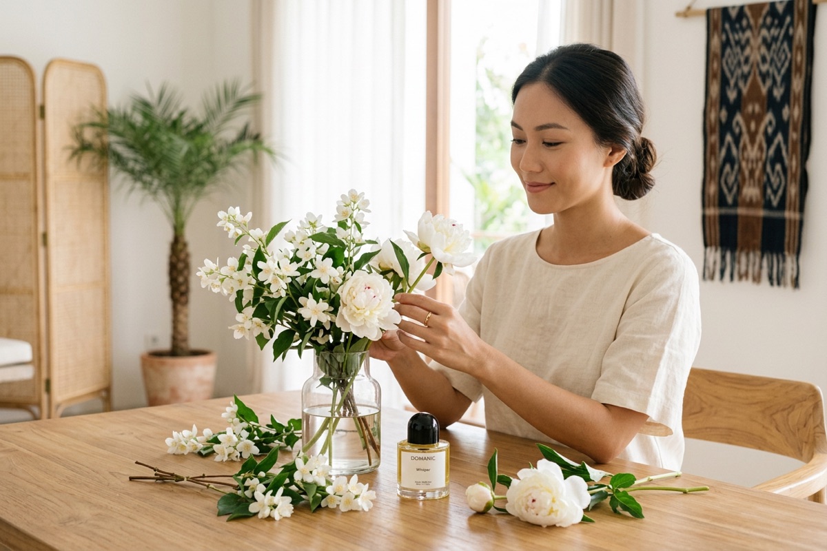 Parfum floral Domanic Whisper dengan aroma melati dan freesia yang lembut