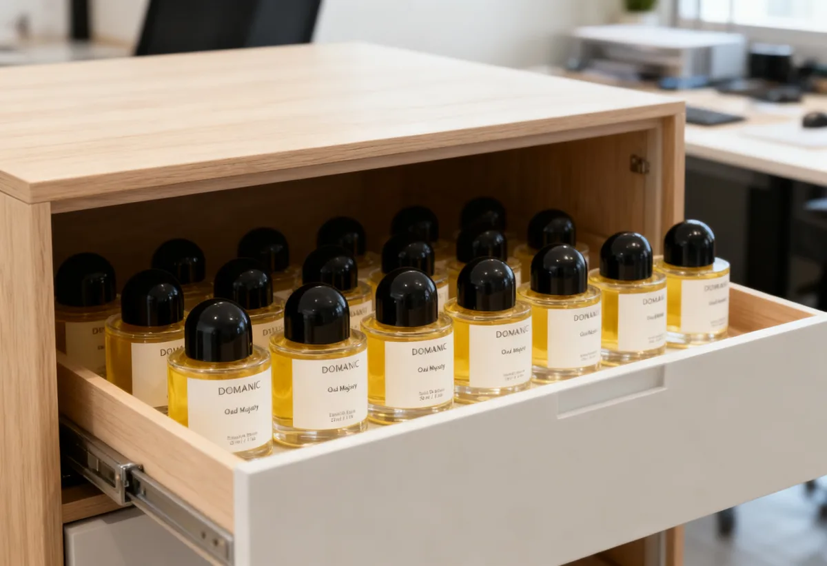 Satu batch botol extrait de parfum Domanic Oud Majesty tersimpan di lemari selama maserasi