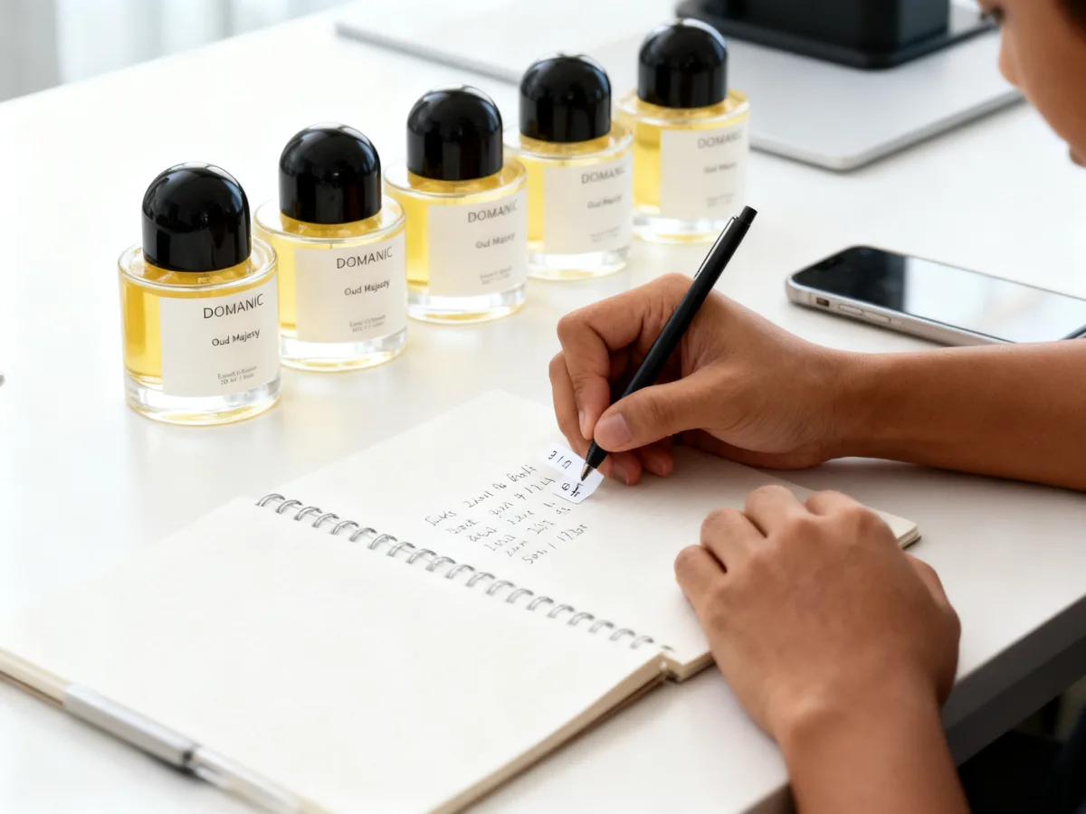 Menulis label tanggal batch maserasi dengan bolpen di samping deretan botol extrait de parfum Domanic
