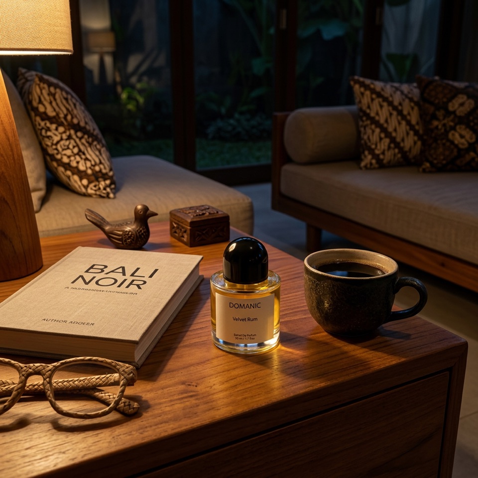 Velvet Rum saat me-time malam dan kerja fokus, extrait de parfum gourmand Domanic
