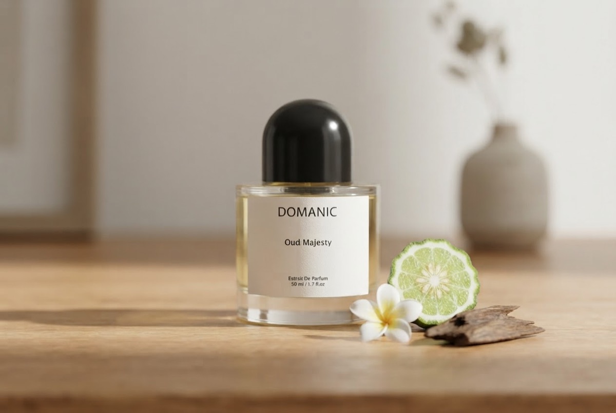 Botol extrait de parfum Domanic dengan tiga lapisan aroma top, middle, dan base notes