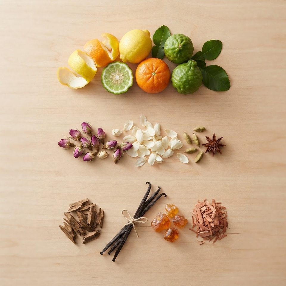 Tiga kelompok bahan aroma: citrus untuk top notes, floral untuk middle notes, dan kayu untuk base notes