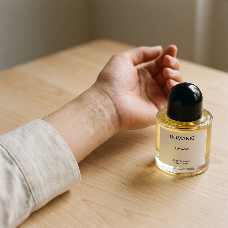 Extrait de parfum Domanic Lily Wood dibiarkan kering sendiri di pergelangan tangan tanpa digosok