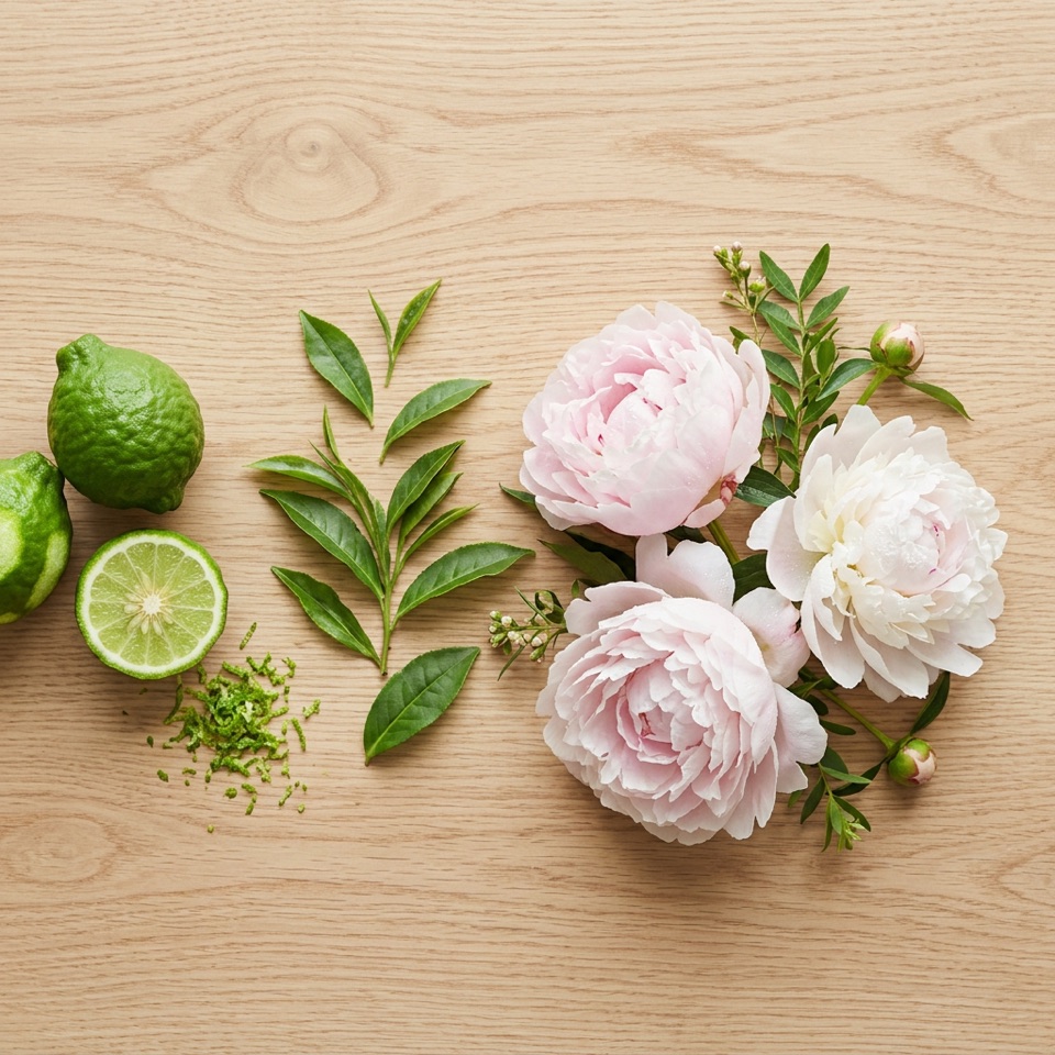 Bahan aroma parfum fresh: citrus, dedaunan hijau, dan bunga ringan di atas kayu terang