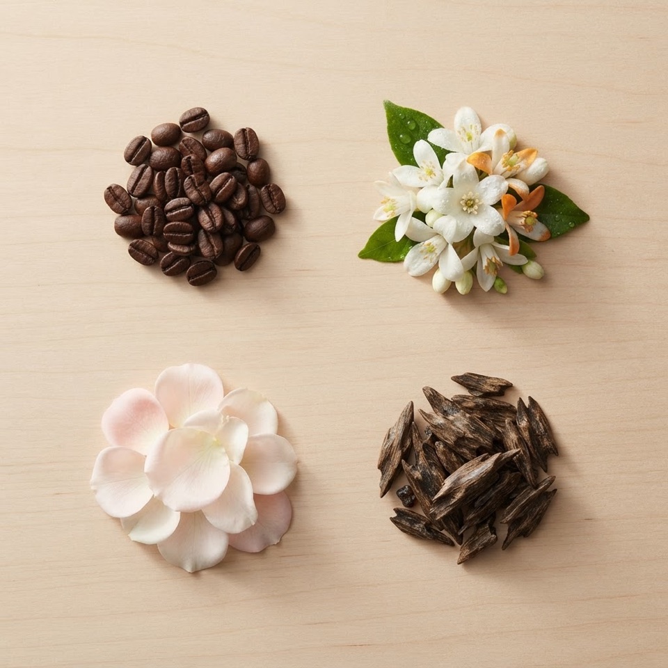 Bahan aroma dari empat keluarga: biji kopi, bunga segar, kelopak floral lembut, dan kayu oud