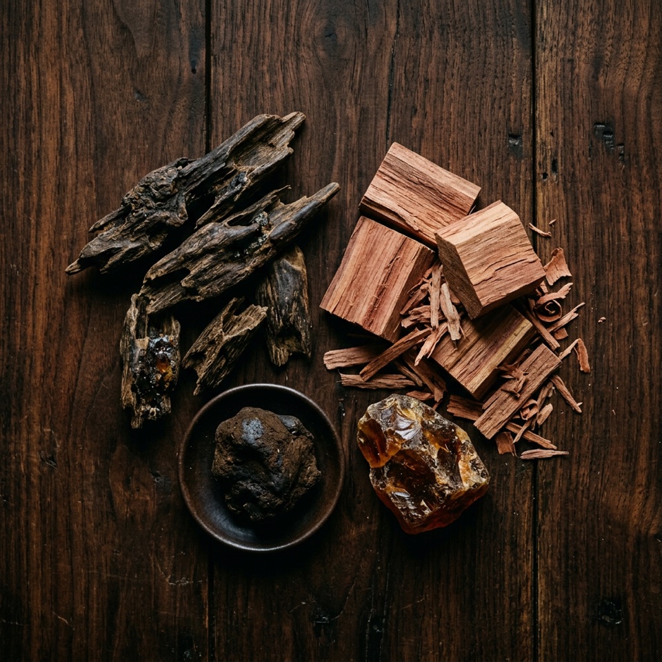 Notes woody yang berat dan tahan lama: kayu gaharu, cedar, musk, dan amber
